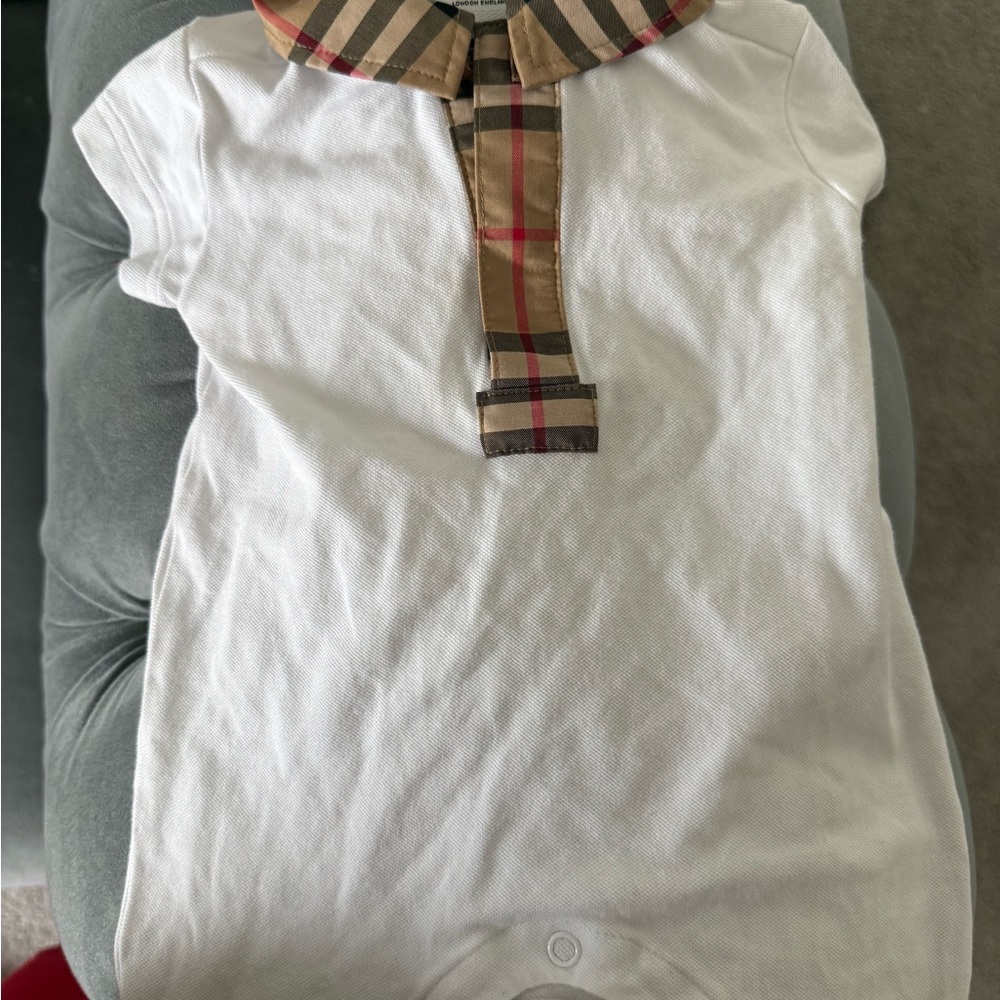 Burberry White Polo Romper with Beige/Red Check Collar